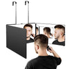 A portable trifold vanity mirror with adjustable hooks is shown being used for grooming.