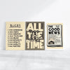 A set of three framed modern scripture art prints featuring various rules and good news messages on a light background.