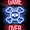 Neon red and blue text reads GAME OVER on a dark brick background with glowing skull symbols.