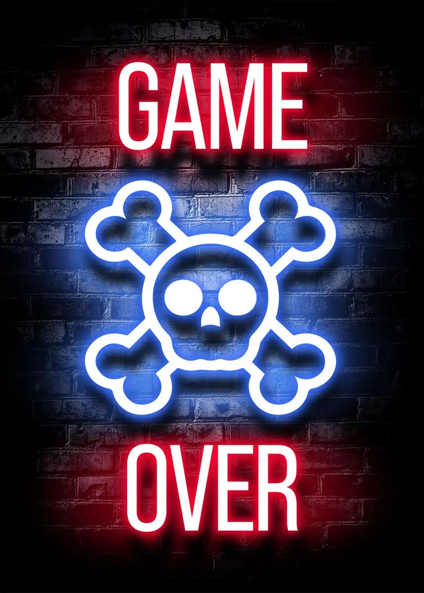 Neon red and blue text reads GAME OVER on a dark brick background with glowing skull symbols.