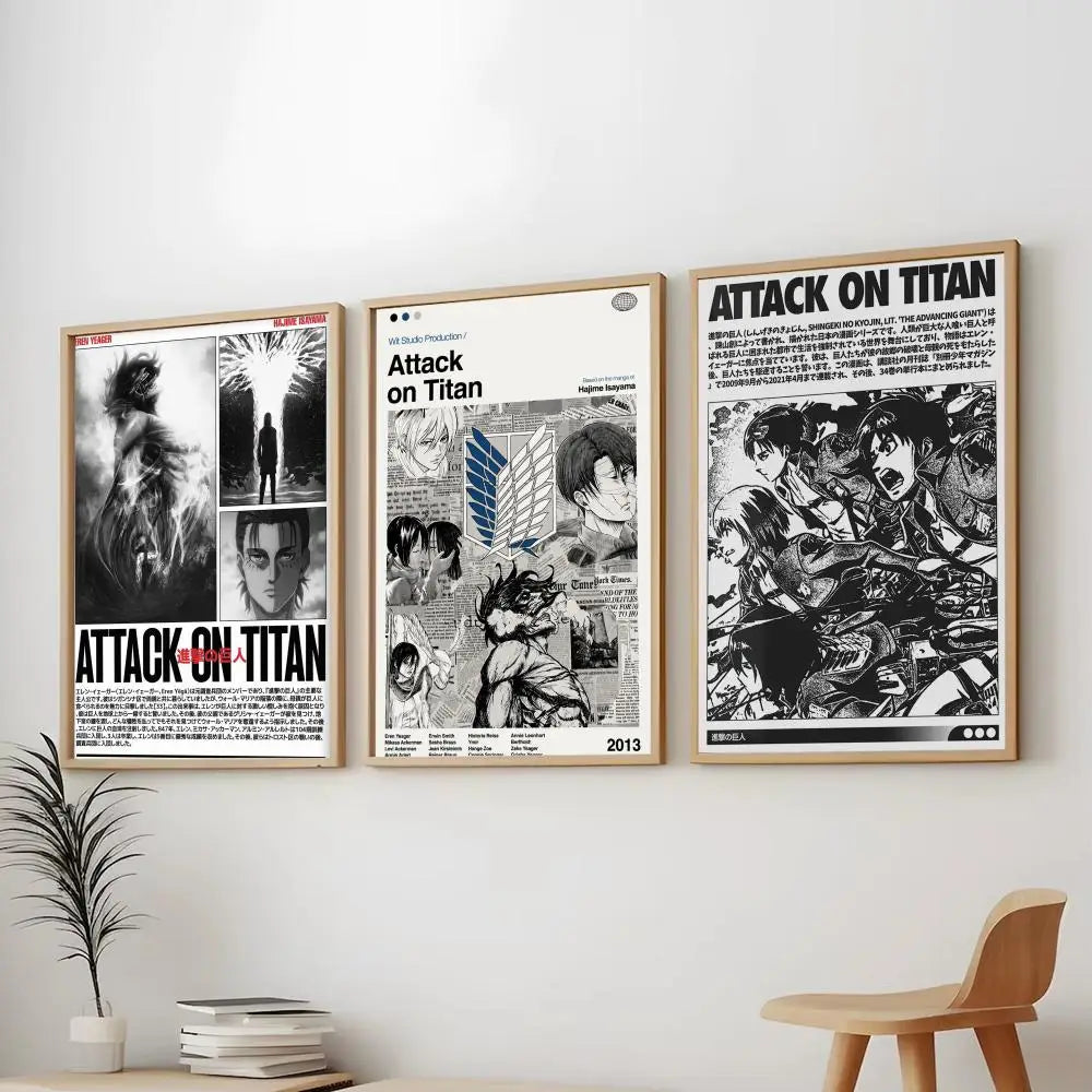 Three framed posters featuring artwork inspired by Attack on Titan