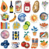A collection of watercolor stickers featuring various fruits and food items like jam, citrus, pears, oranges, and vegetables.