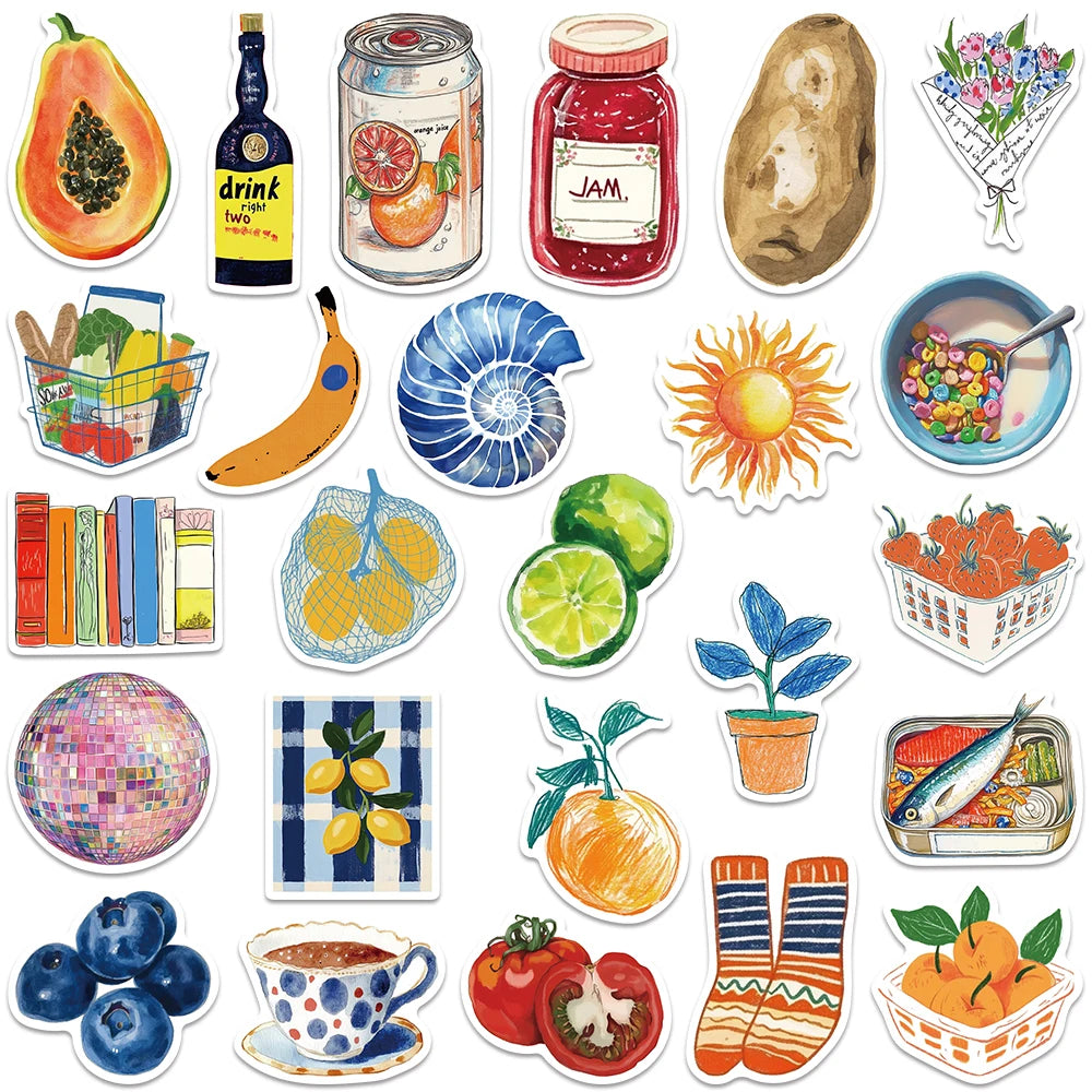 A collection of watercolor stickers featuring various fruits and food items like jam, citrus, pears, oranges, and vegetables.
