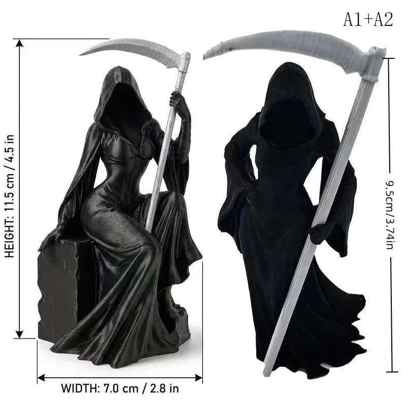 Gothic female grim reaper resin statue with a scythe shown from the side.