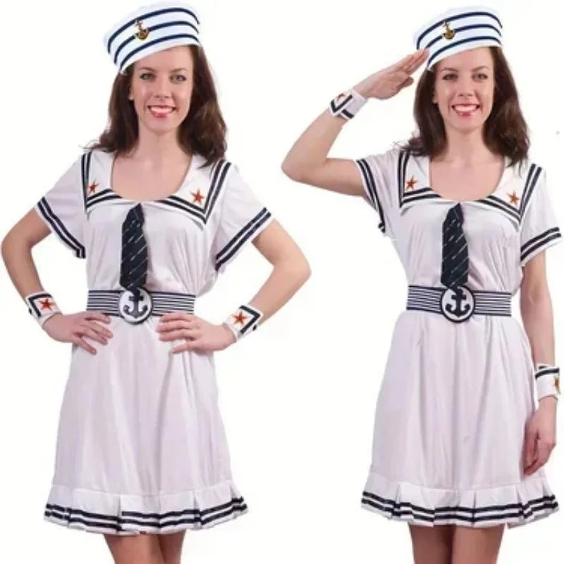 A woman models a white dress and hat set with black accents, featuring a captain's theme.