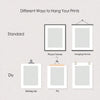 Diagram showing different ways to hang prints including standard frames, picture frames, hanging frames, and DIY methods like