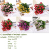 Twelve bundles of mixed colored artificial flowers including red lotus, rose, white, yellow, and pink.