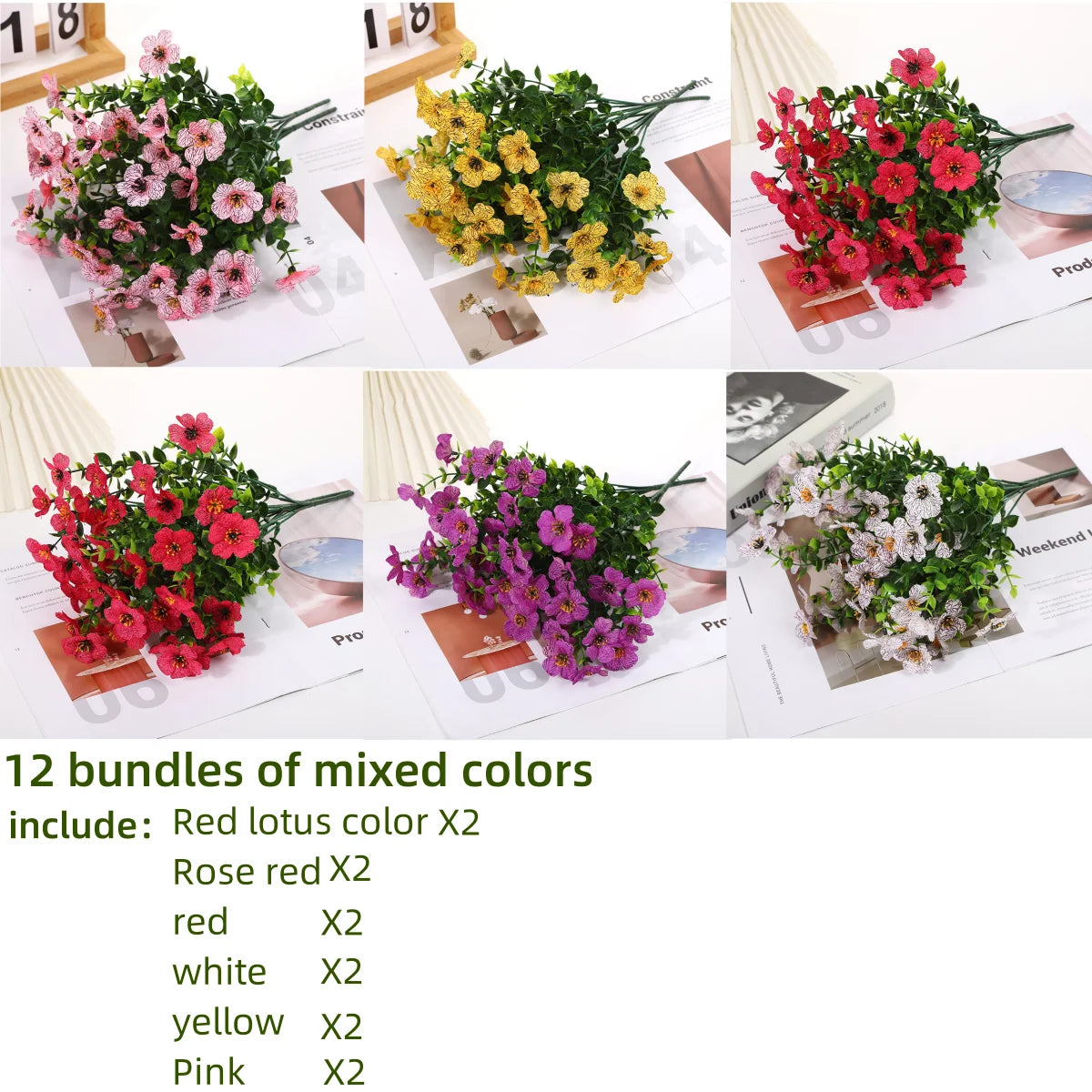 Twelve bundles of mixed colored artificial flowers including red lotus, rose, white, yellow, and pink.
