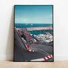 A canvas print depicting a motorsport racing track view from above, showing cars on the track and a large port with ships.