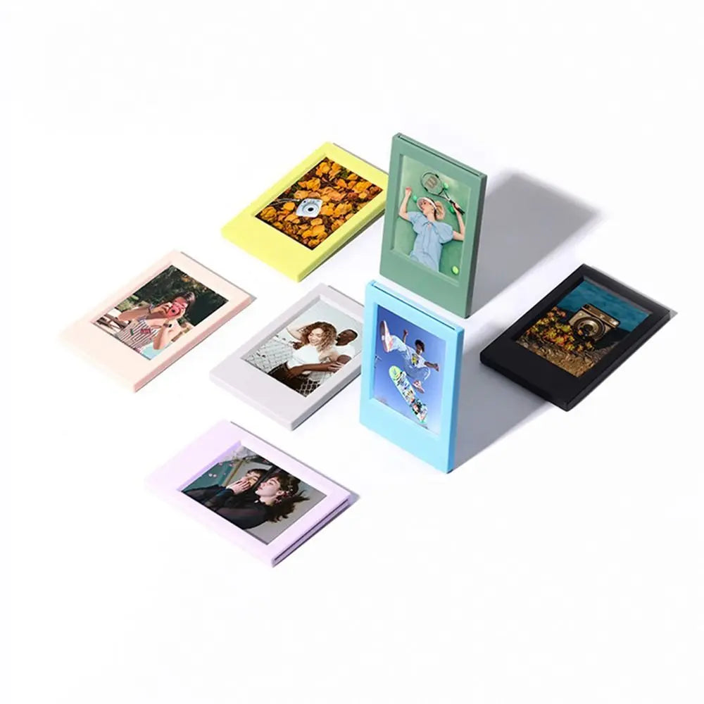 A collection of colorful mini film frames displaying various instant photos.