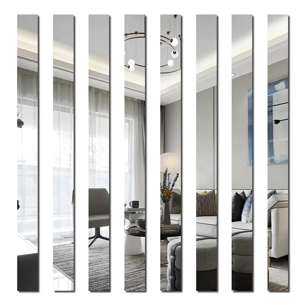 A set of vertical acrylic mirror strips used as wall stickers for modern home decor.