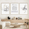 Three framed prints of Islamic Arabic calligraphy on white canvas wall art