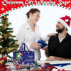 A woman and a man smiling while preparing festive Christmas gift wrapping bags with holiday designs.