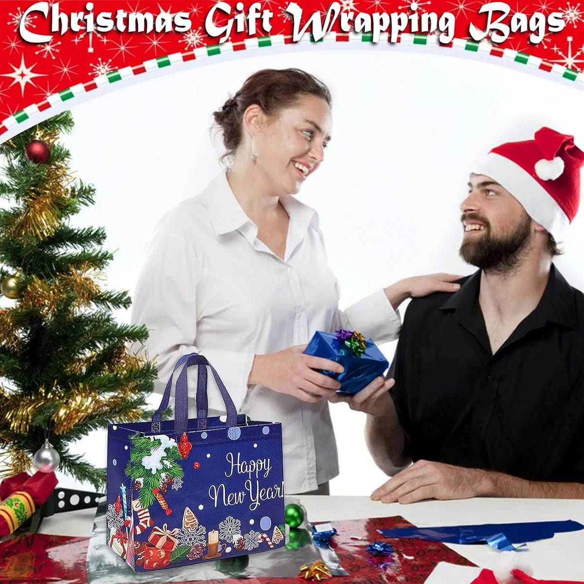 A woman and a man smiling while preparing festive Christmas gift wrapping bags with holiday designs.