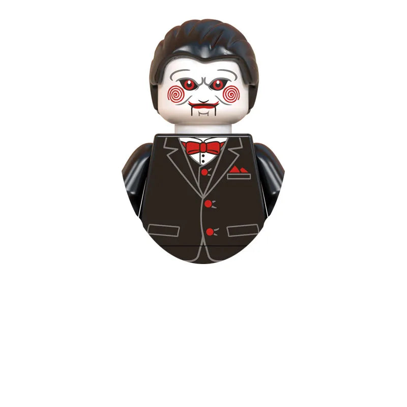 Horror movie icon building blocks set featuring a character with white skin, black hair, and red eyes.