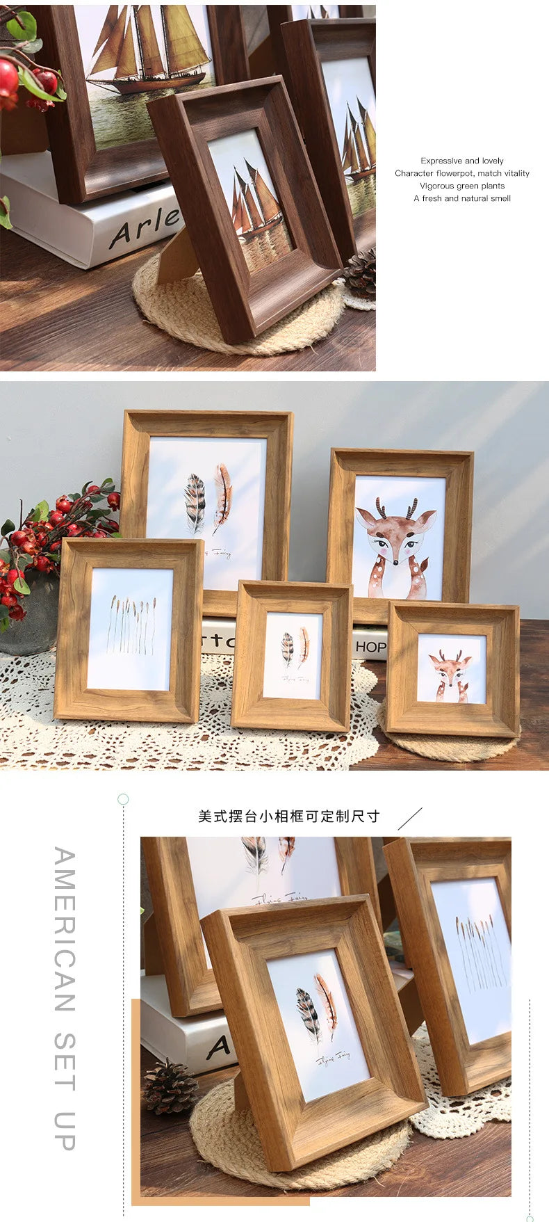 A set of wooden photo frames with resin prints displayed on a wooden surface.