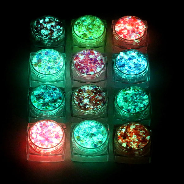 A set of twelve glow-in-the-dark glitter gels in various colors arranged in a grid.