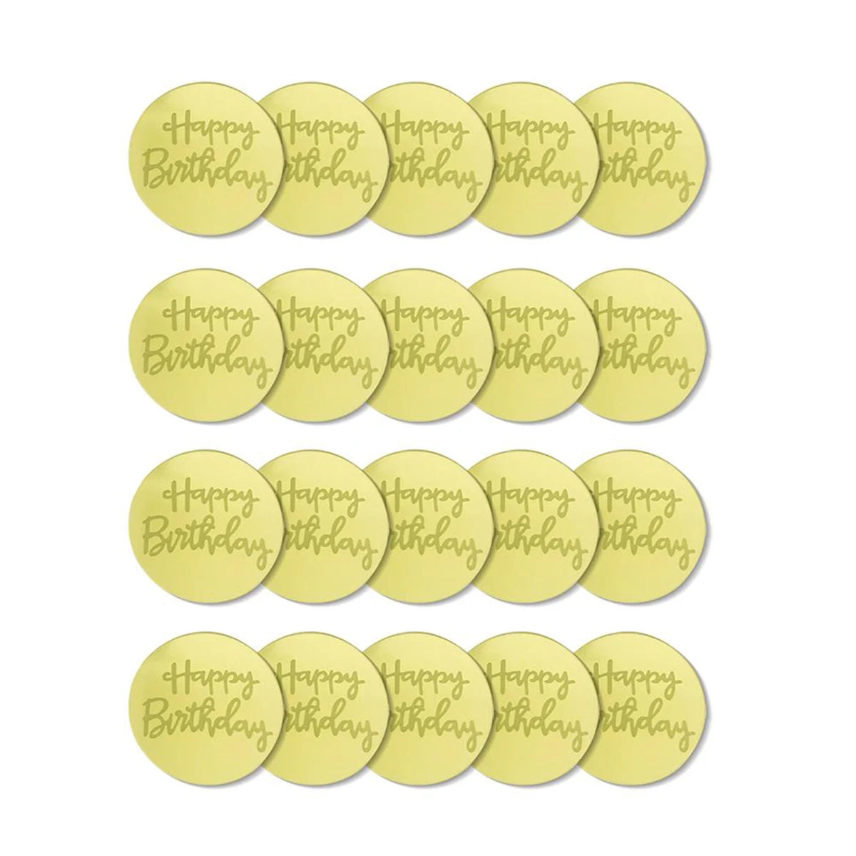 A set of gold mirror acrylic happy birthday cake toppers arranged in three rows.