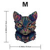 A detailed, colorful cat face design on a wooden jigsaw puzzle.