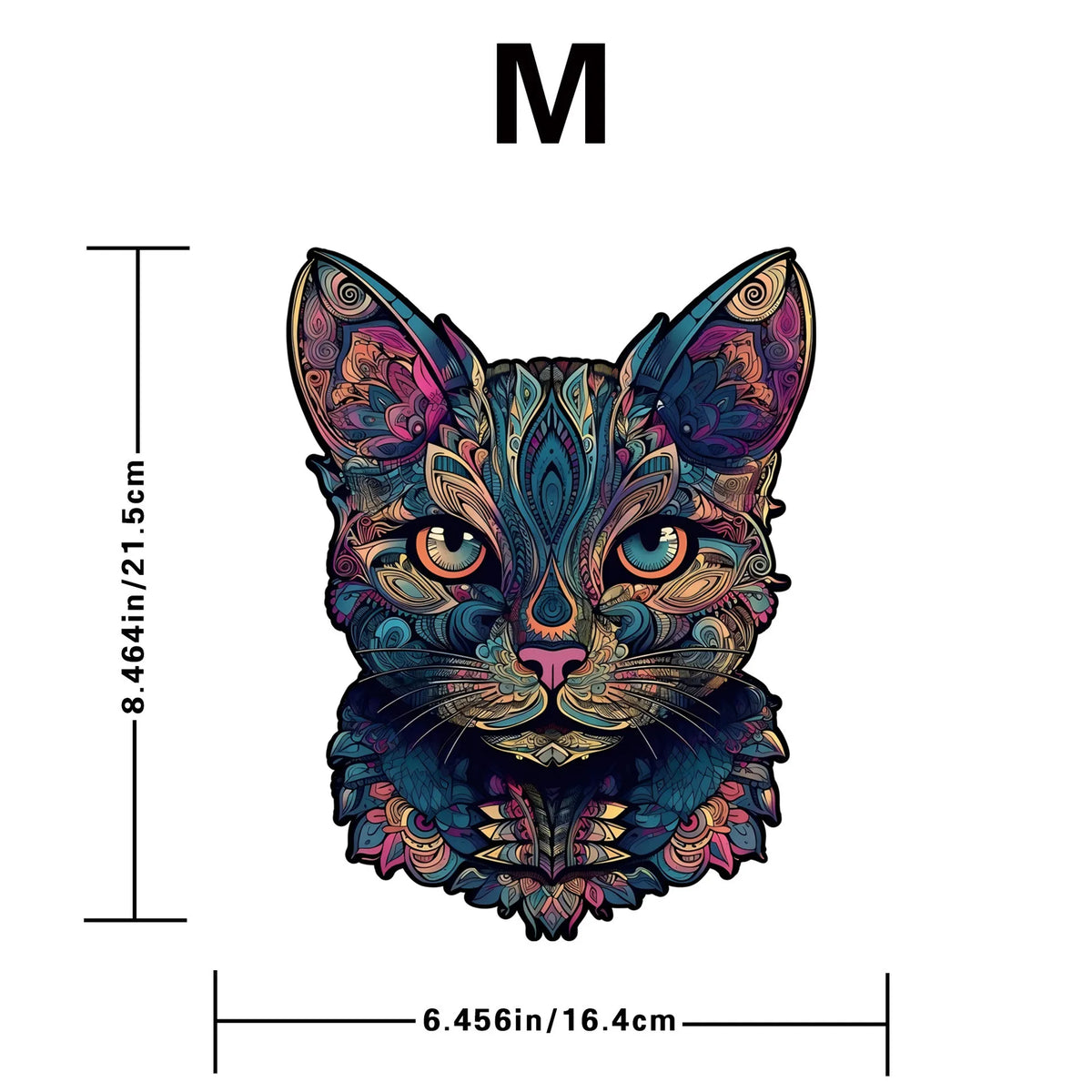 A detailed, colorful cat face design on a wooden jigsaw puzzle.