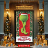 A festive red door cover flag decorated with green foliage and Christmas elements, featuring a green reindeer silhouette.