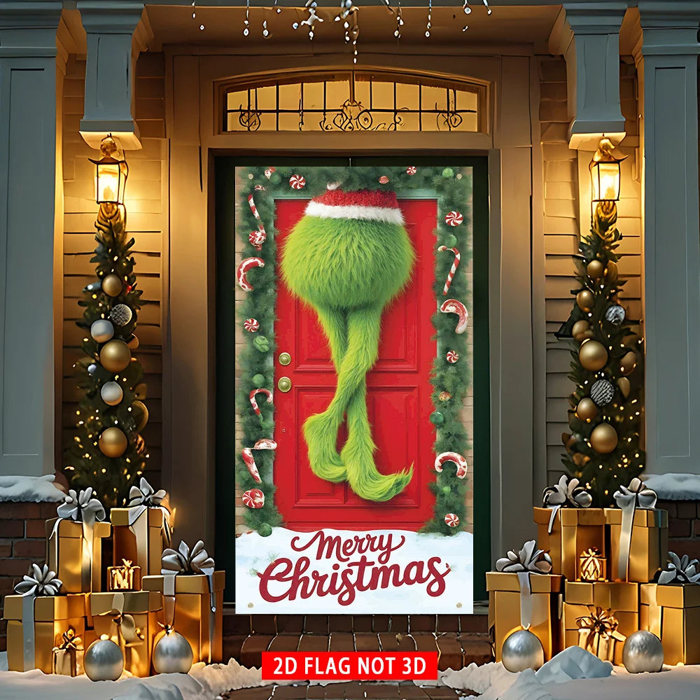 A festive red door cover flag decorated with green foliage and Christmas elements, featuring a green reindeer silhouette.