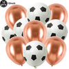 A pack of ten black and white soccer ball shaped latex balloons for party decorations.