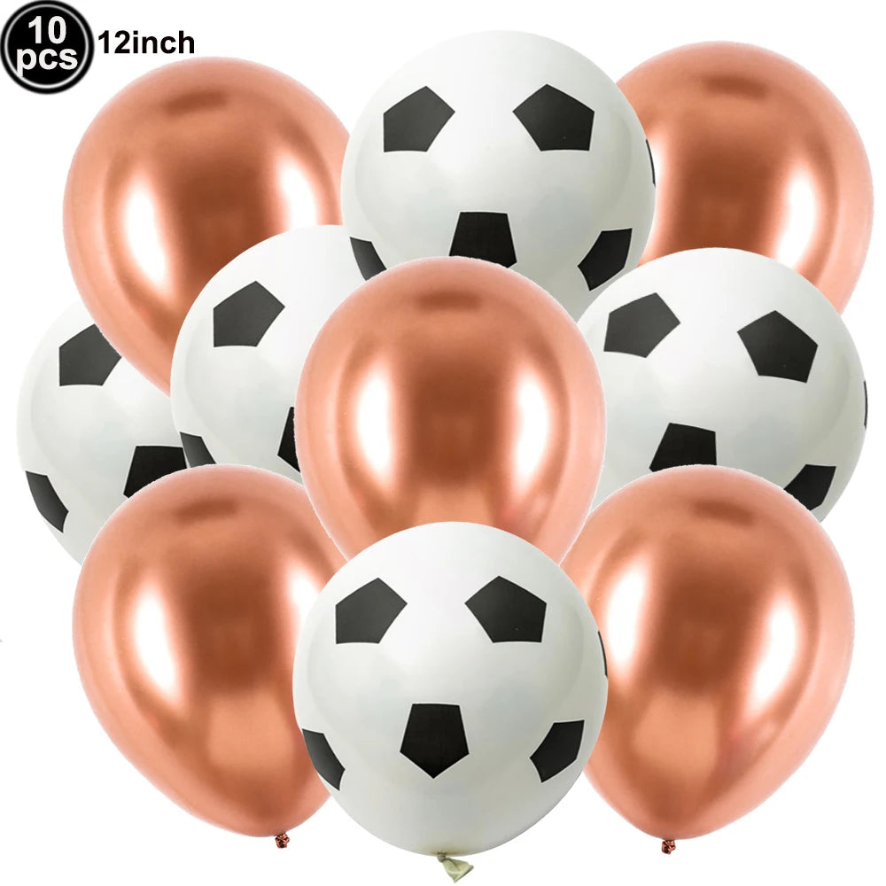 A pack of ten black and white soccer ball shaped latex balloons for party decorations.
