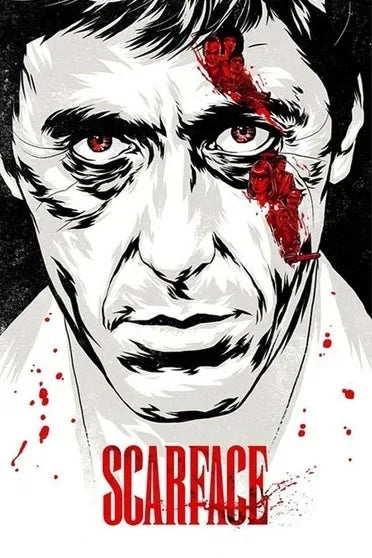 Gros plan d'un homme avec des blessures au visage, intitulé Scarface.
