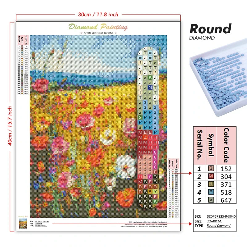 Diamond painting kit featuring a colorful floral design on a canvas with a round diamond pattern.