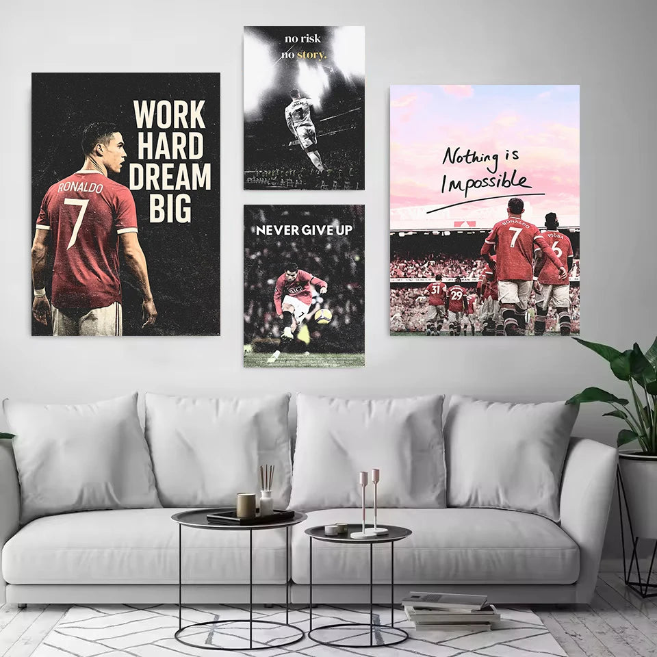 A gallery wall featuring three motivational canvas prints of football athletes with text like Work Hard Dream Big and Never G