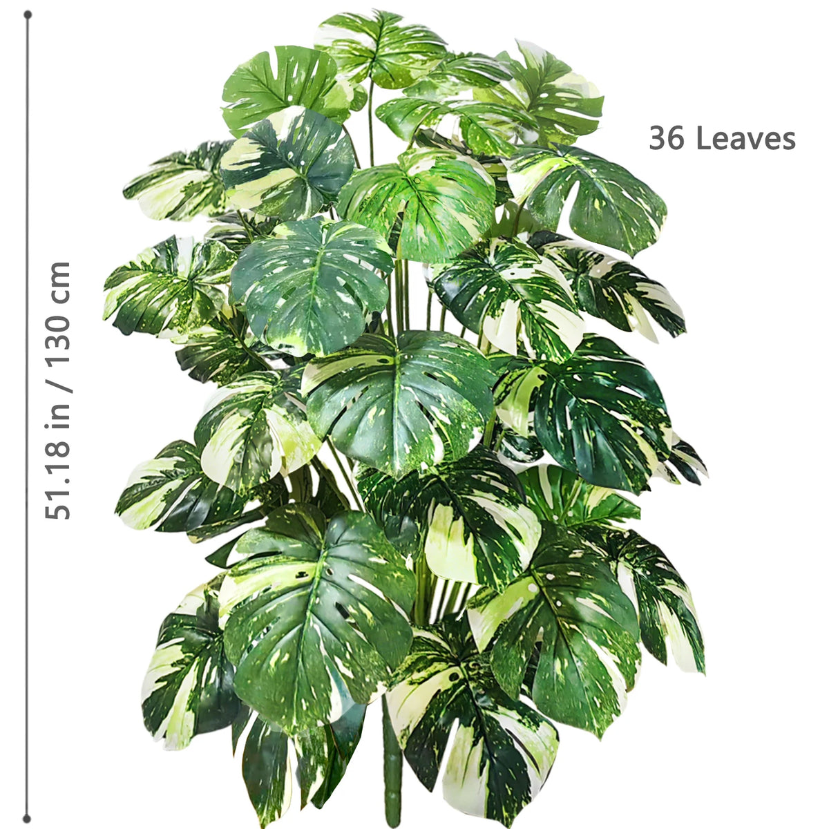 A lush artificial Monstera plant with variegated green and white silk leaves, measuring 51.18 inches tall.