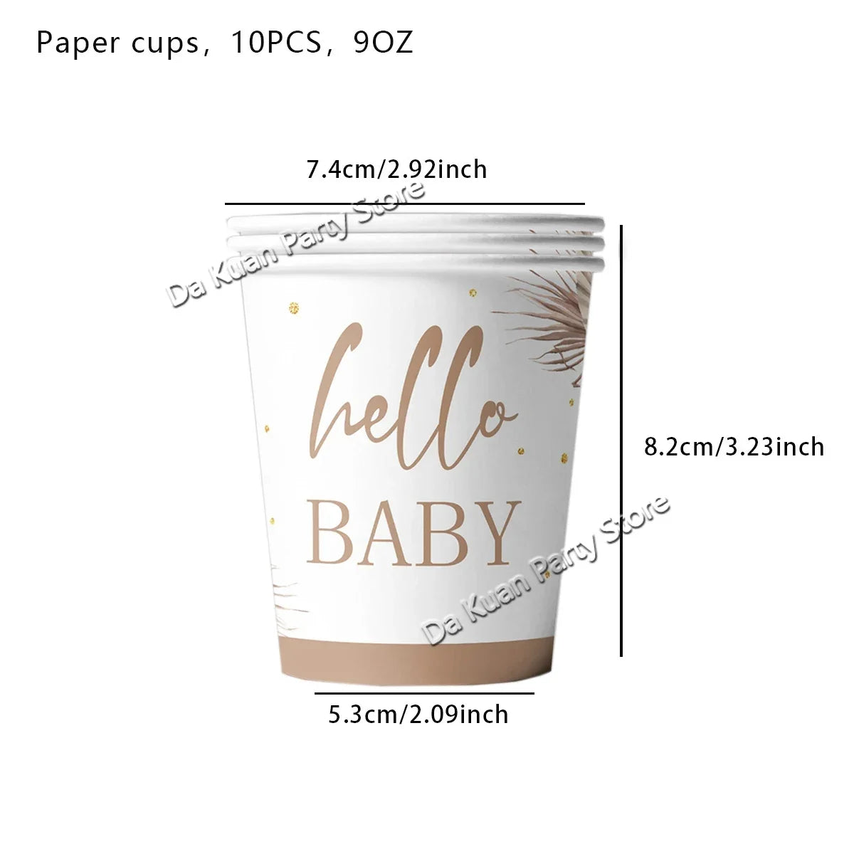 A white paper cup with gold lettering that reads Hello Baby