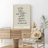Minimalist literary poster set featuring a quote on a framed canvas displayed next to a wooden chair and plant.