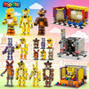 A collection of Five Nights at Freddy's characters made from building blocks and DIY models.