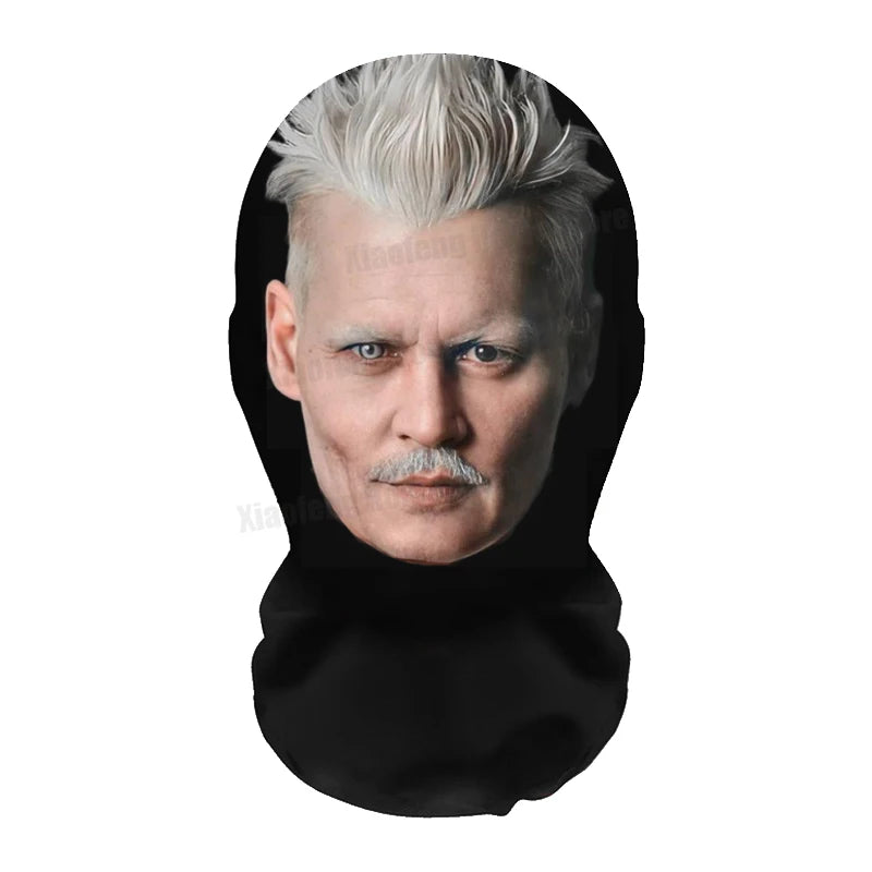 A realistic full-face cosplay mask of a man with short, spiky silver hair and a mustache looking directly at the viewer.
