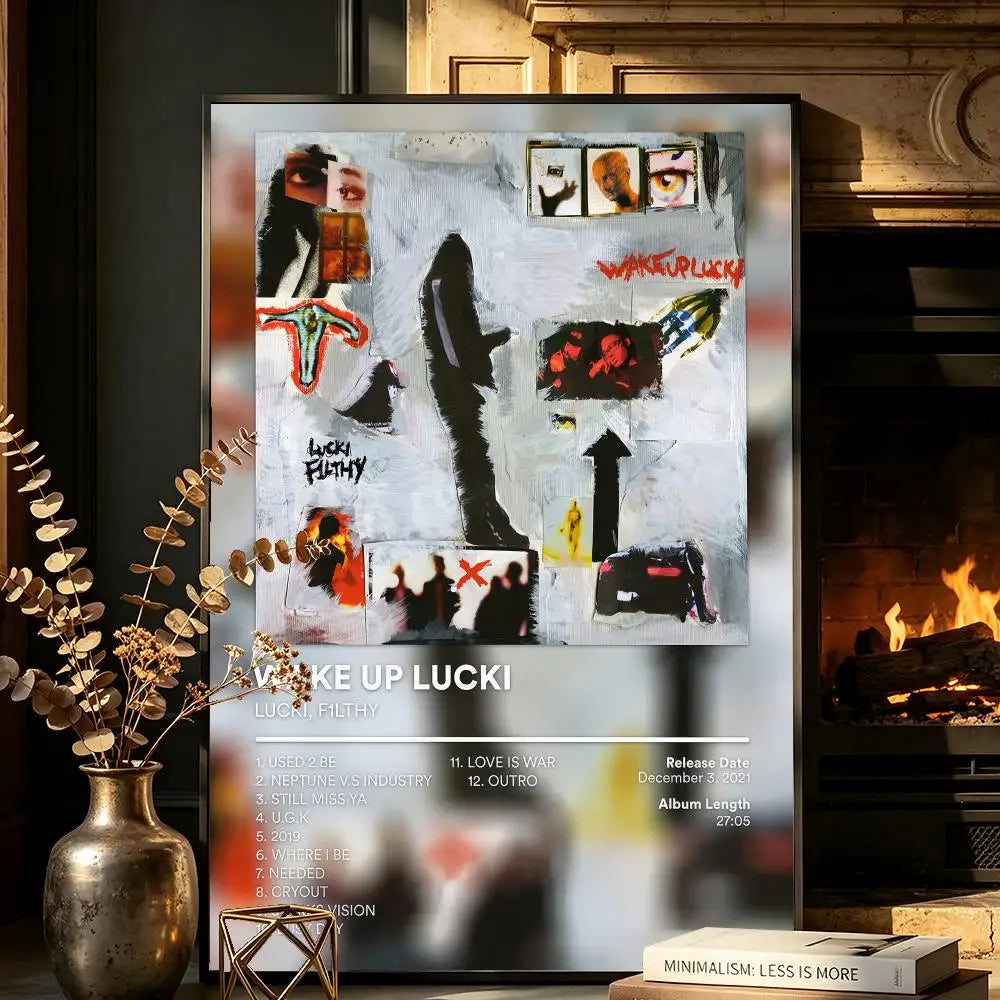 A poster featuring album art and text for L-LUCKI's music, displayed in a modern setting.