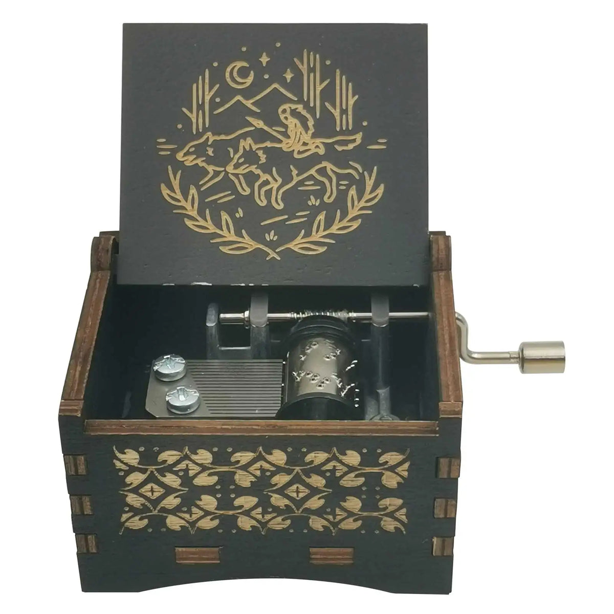A dark wooden box containing a metal music box with an engraved design of a wolf and stars.