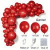 A red latex balloon garland kit featuring 62 balloons, ribbon, chain, and glue for party decoration.