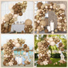 A floral arch made of assorted beige and gold latex balloons for a celebration backdrop.