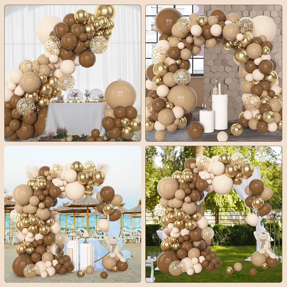 A floral arch made of assorted beige and gold latex balloons for a celebration backdrop.