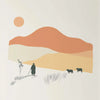 Minimalist landscape painting featuring a large orange sun, rolling hills, and a solitary figure with livestock.