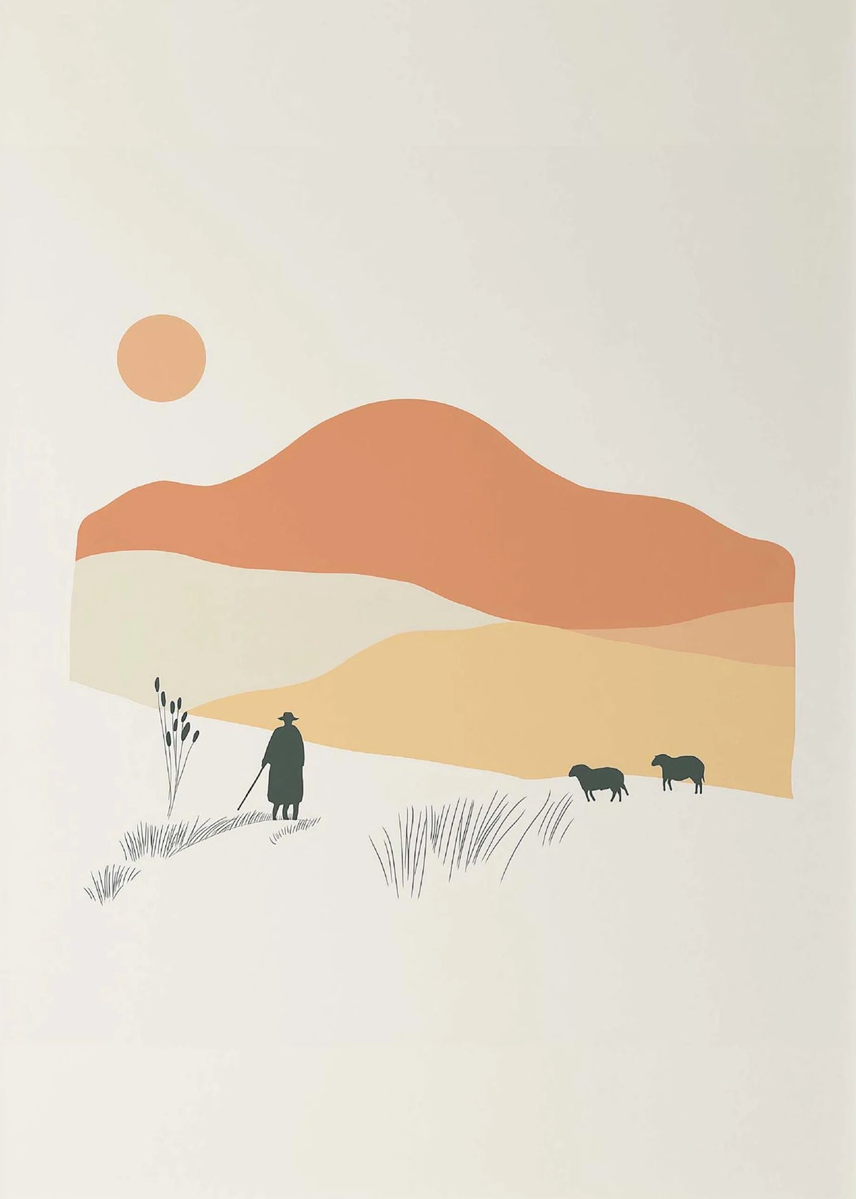 Minimalist landscape painting featuring a large orange sun, rolling hills, and a solitary figure with livestock.