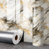 Rouleau d'autocollants muraux en fausse marbre 3D, motif marbré blanc et or sur fond gris