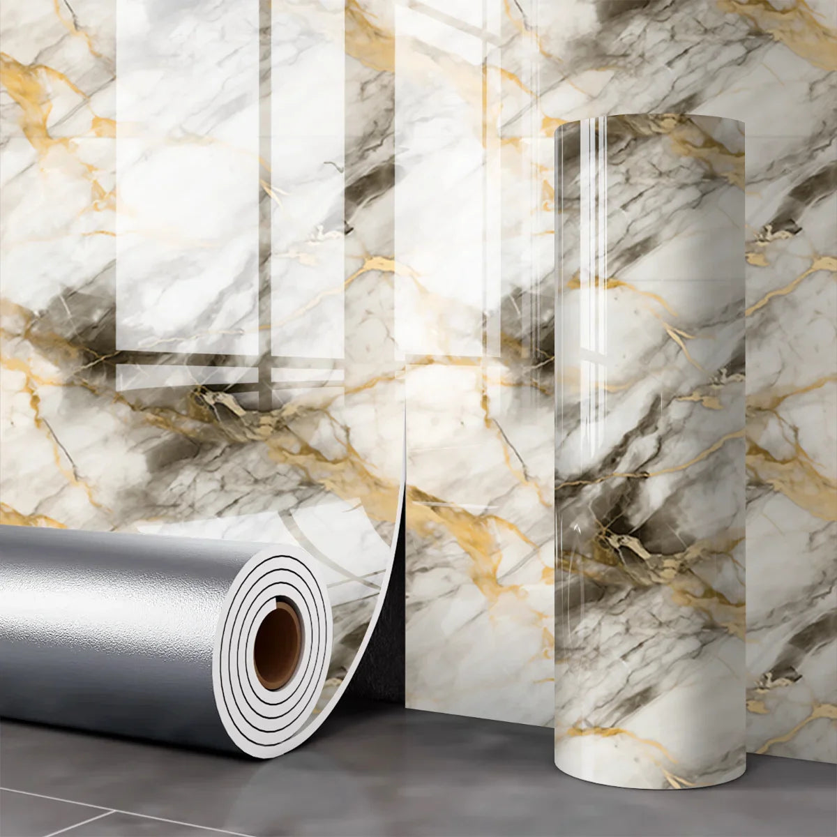 Rouleau d'autocollants muraux en fausse marbre 3D, motif marbré blanc et or sur fond gris