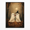 Vintage Halloween wall art featuring two ghostly figures with witch hats standing in a wooded landscape under a pale moon.