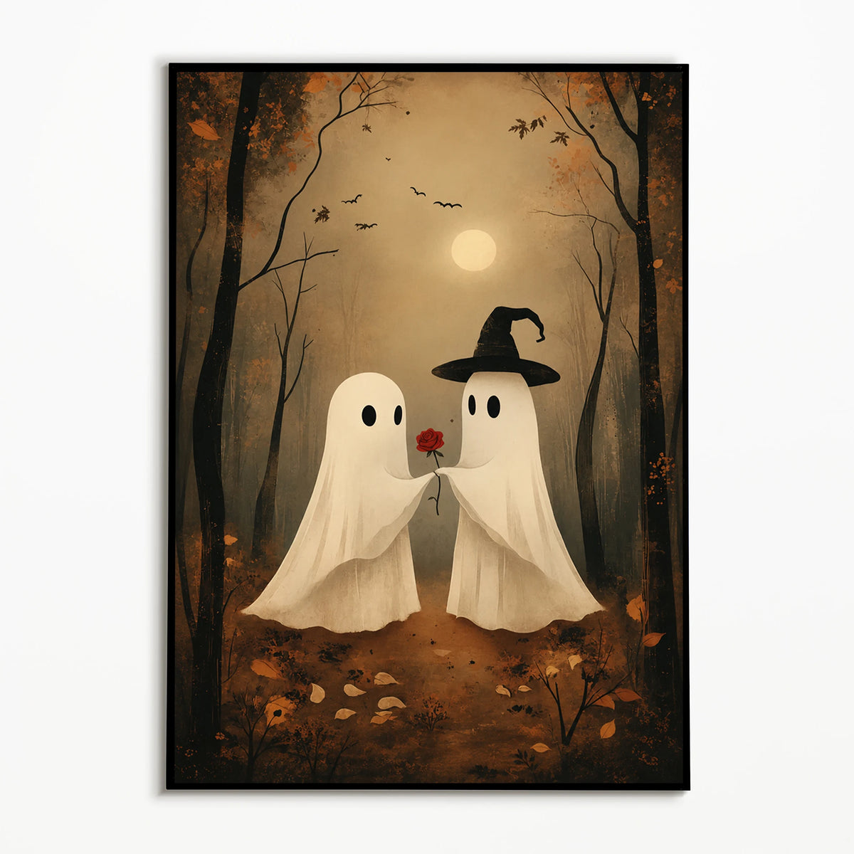 Vintage Halloween wall art featuring two ghostly figures with witch hats standing in a wooded landscape under a pale moon.
