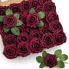 A box filled with deep burgundy foam rose flowers and stems for DIY bouquets and home decor.