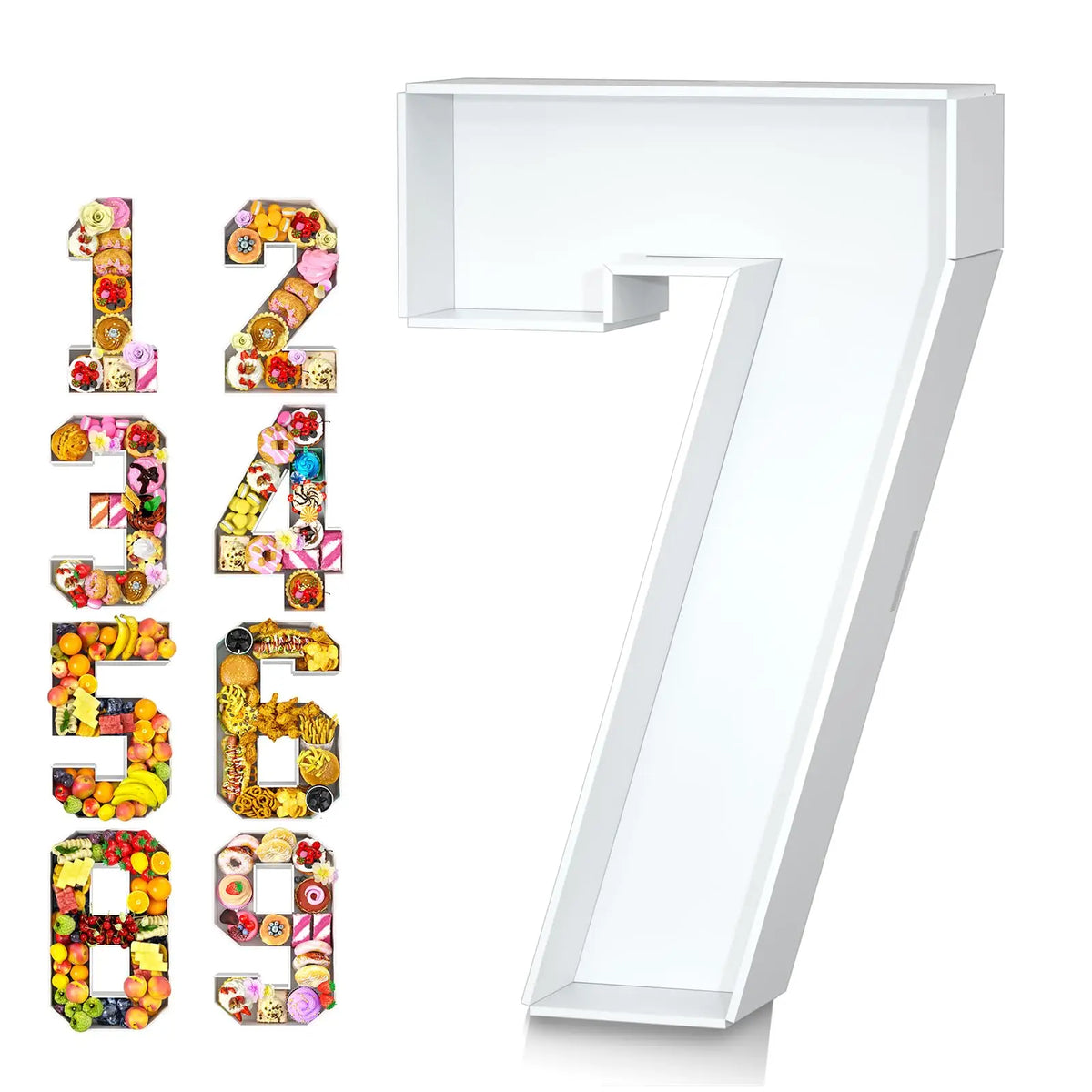 A set of fillable cardboard numbers 1 through 9 displayed next to a large number 7 sign.