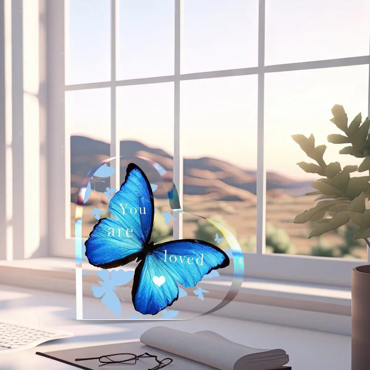 A blue butterfly with a heart design is displayed on a clear acrylic stand near a window.